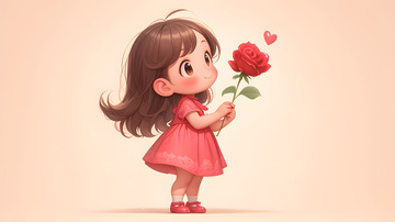 卡通女孩手捧红玫瑰的可爱插画壁纸
