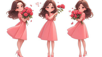 粉色连衣裙女孩与玫瑰花束的卡通插画壁纸