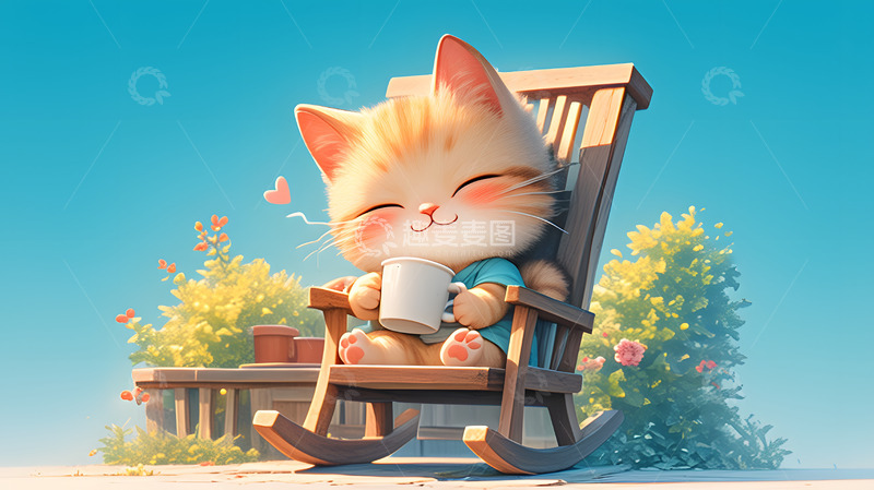 高清大图下载【趣麦麦图】可爱卡通猫咪摇椅上享受阳光的插画壁纸