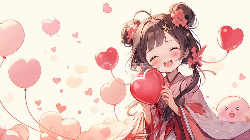 高清大图下载【趣麦麦图】卡通女孩抱着红色爱心气球的甜美插画壁纸