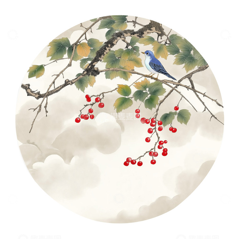 高清大图下载【趣麦麦图】古风水墨鸟植物素材