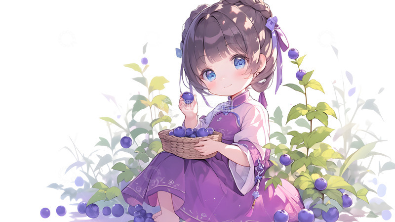 高清大图下载【趣麦麦图】采摘蓝莓的小女孩