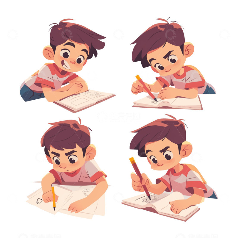 趴在桌子上写作业的小男孩