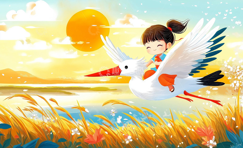 高清大图下载【趣麦麦图】骑白鹭飞行的女孩插画背景