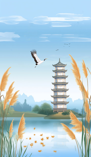 古建筑白露节气插画背景素材