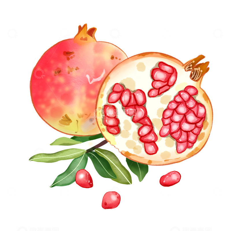 源文件下载【趣麦麦图】国画 水墨风 水彩风 石榴 水果