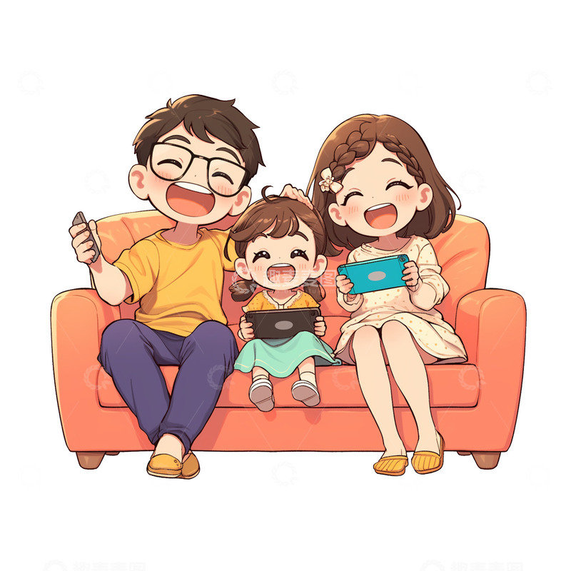 坐在沙发上打游戏的一家三口