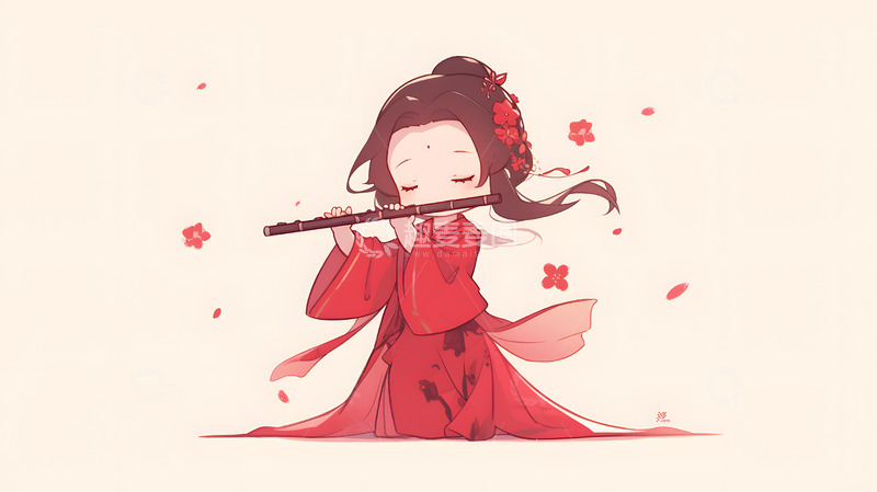 高清大图下载【趣麦麦图】红衣少女吹笛插画