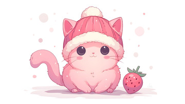 卡通粉色猫咪与草莓插画