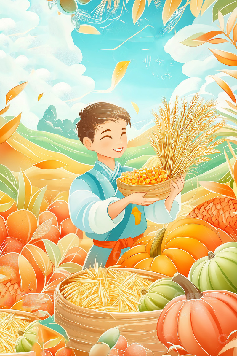 高清大图下载【趣麦麦图】农民丰收国潮插画背景图