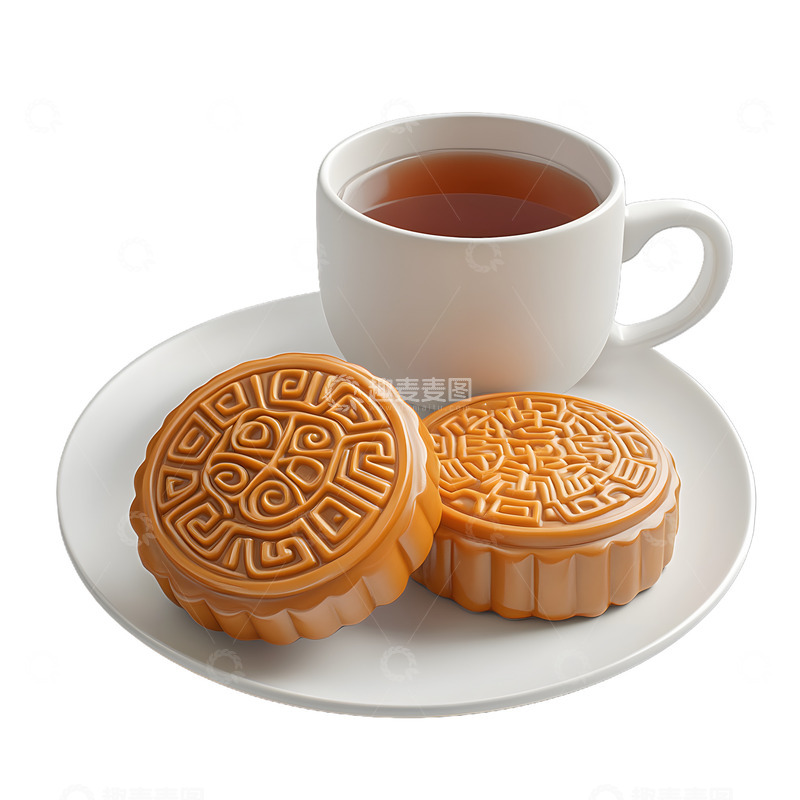 高清大图下载【趣麦麦图】月饼与茶叶喝茶