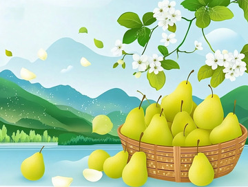 卡通插画风格的梨花和梨背景素材