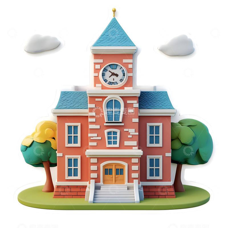 高清大图下载【趣麦麦图】卡通教学楼贴纸开学季