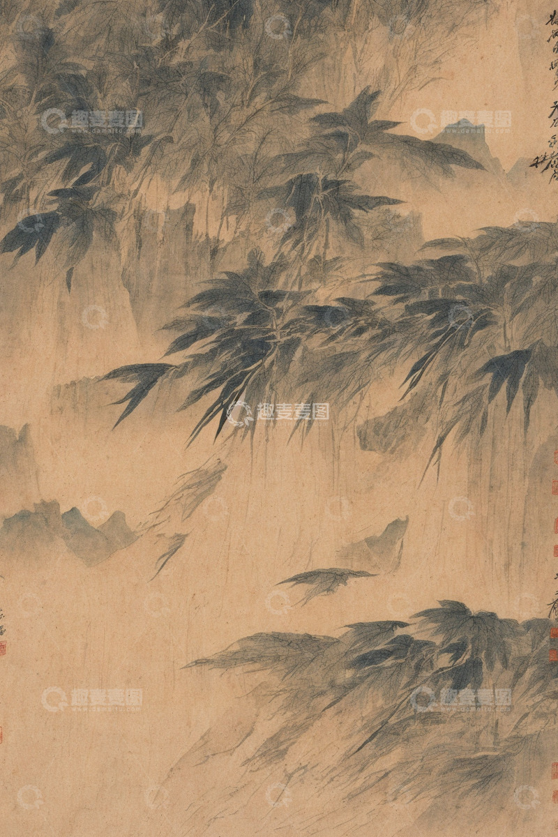 高清大图下载【趣麦麦图】中国风插画手绘水墨山水竹子背景
