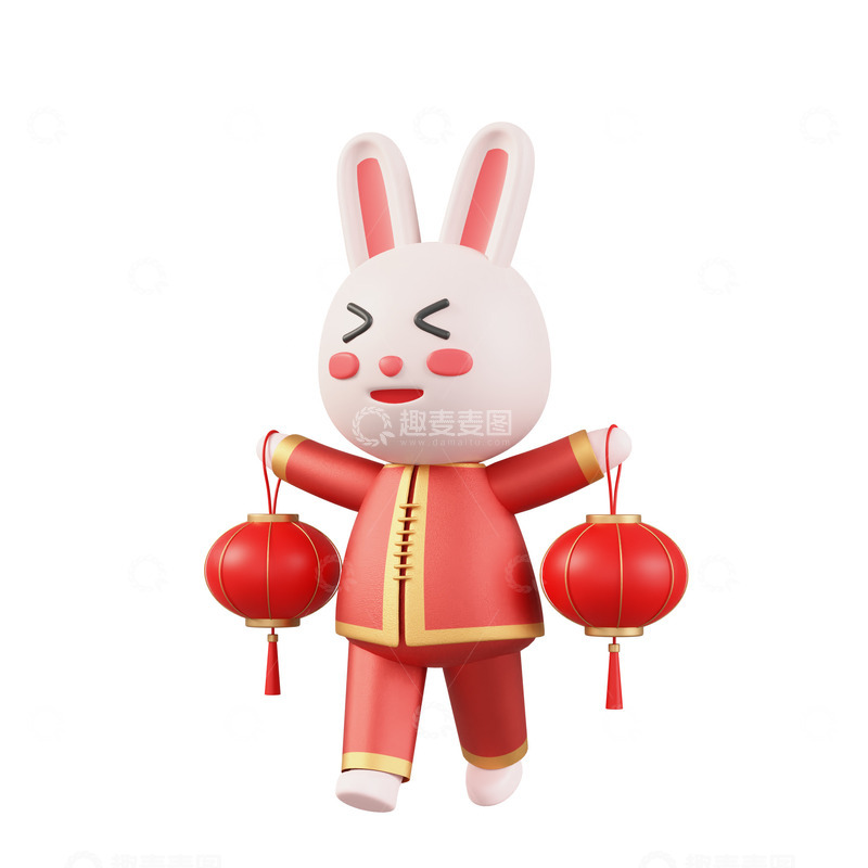 源文件下载【趣麦麦图】3D立体唐装兔子手拿灯笼