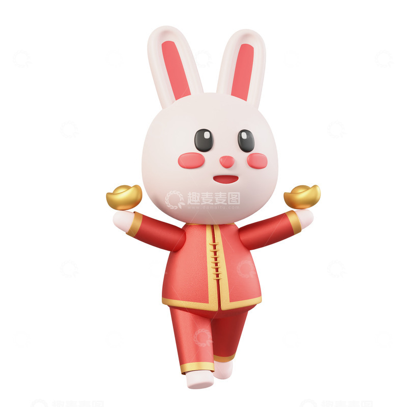 源文件下载【趣麦麦图】3D立体唐装兔子手拿元宝