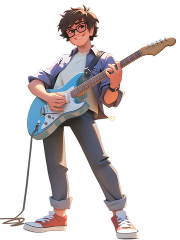 男生弹吉他弹琴卡通