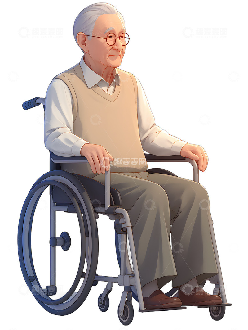 高清大图下载【趣麦麦图】坐在轮椅上的老人卡通