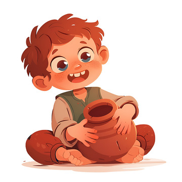 抱着陶罐的小孩