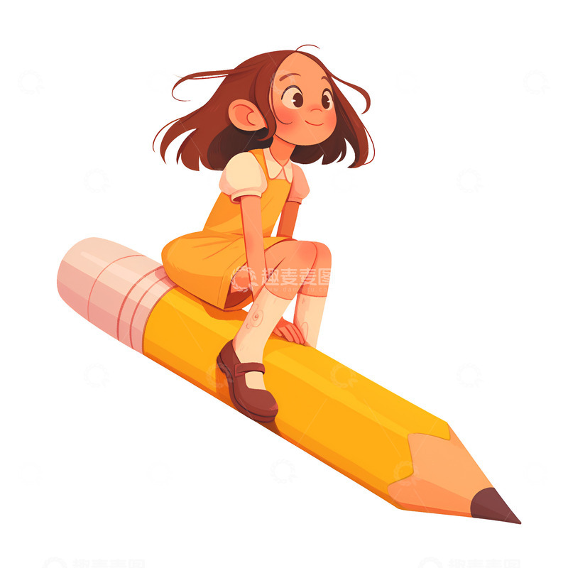 高清大图下载【趣麦麦图】坐在铅笔上的小女孩