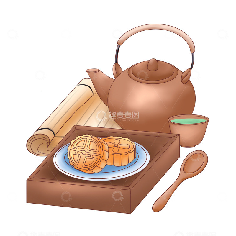 源文件下载【趣麦麦图】中秋茶具月饼插画元素