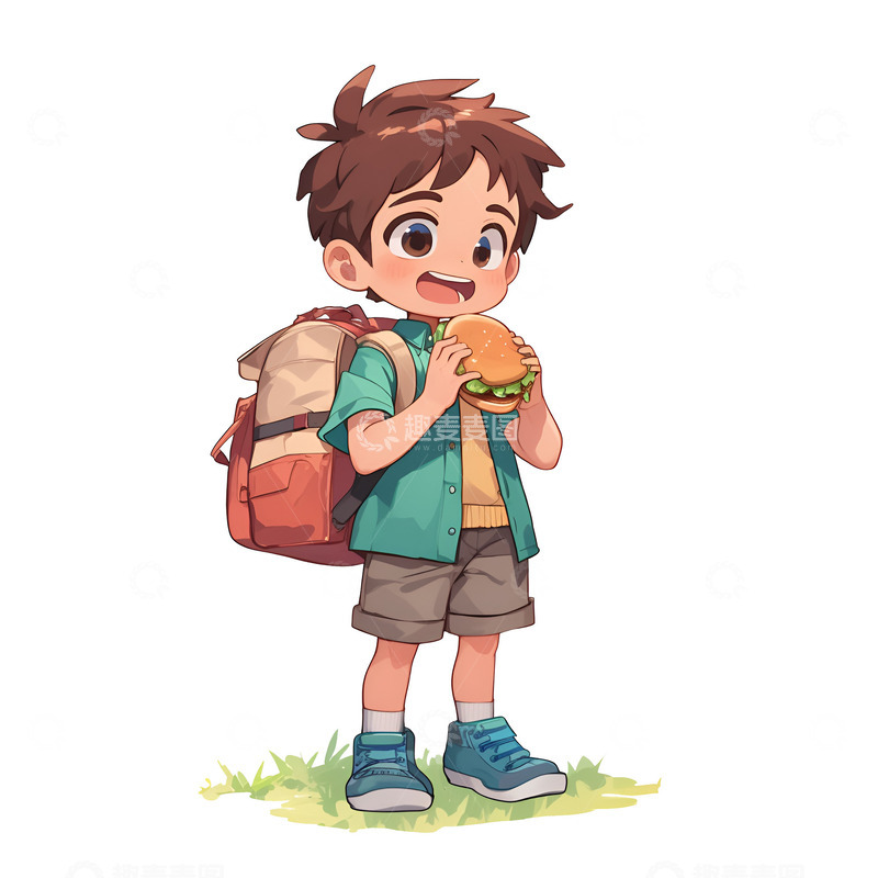 高清大图下载【趣麦麦图】拿着汉堡吃的小男孩