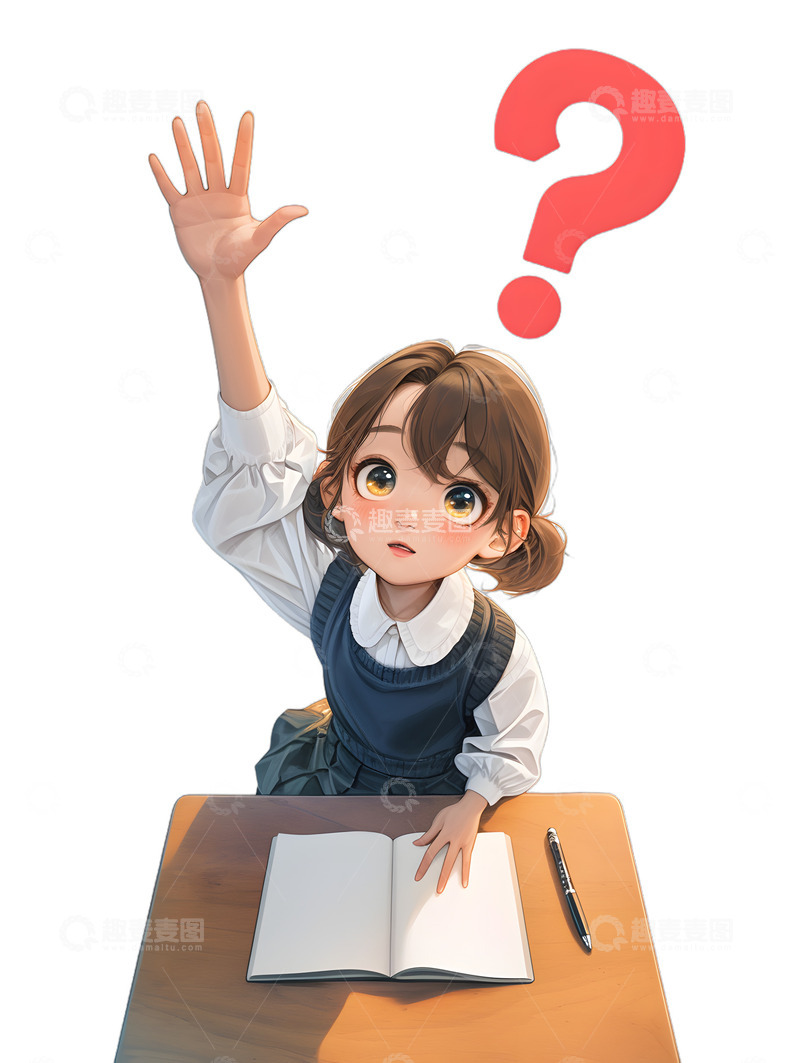 高清大图下载【趣麦麦图】女学生在课桌上举手提问疑问