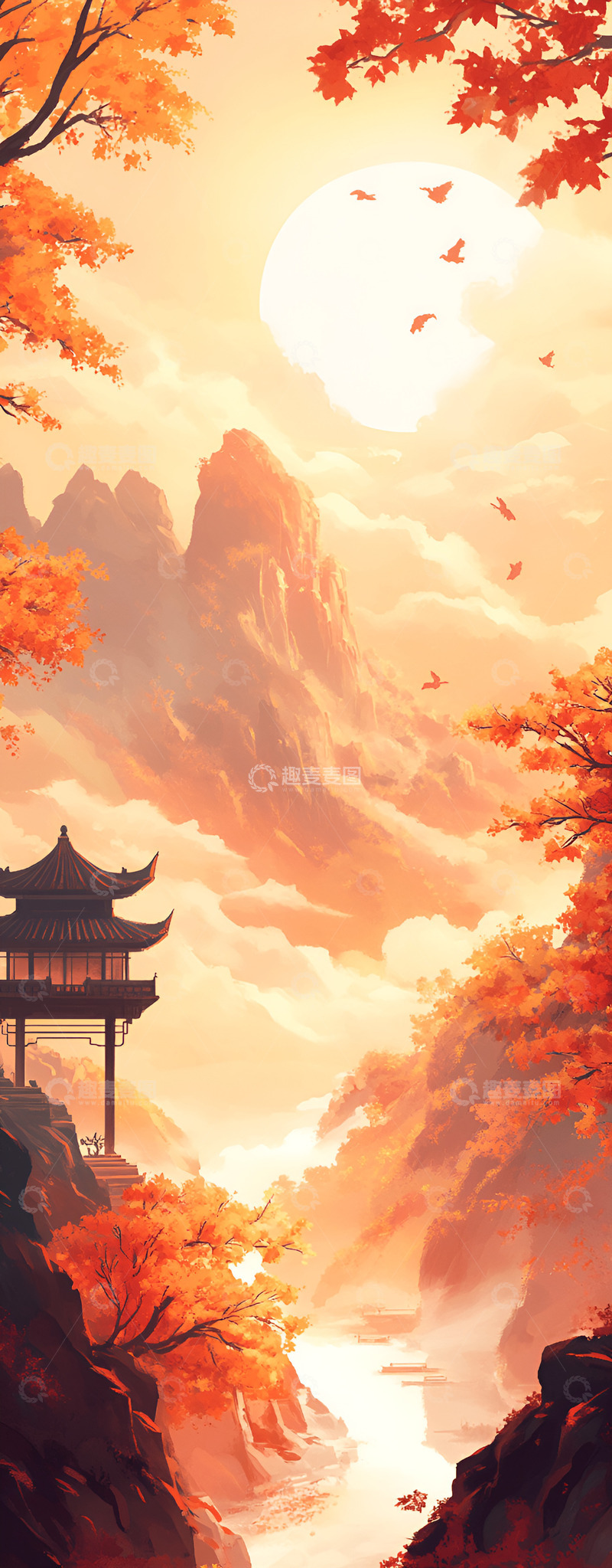 高清大图下载【趣麦麦图】秋季古建筑国风背景