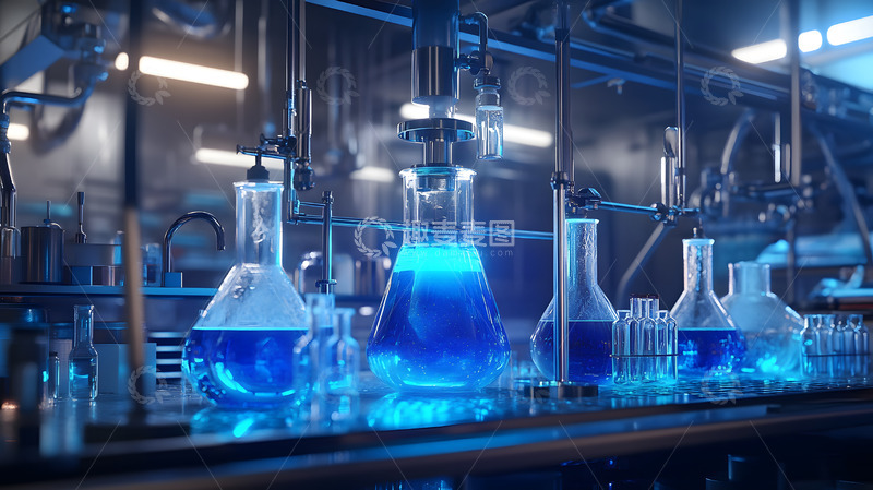 高清大图下载【趣麦麦图】化学实验室蓝色溶液烧瓶壁纸