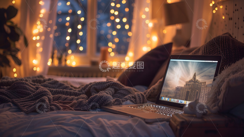 高清大图下载【趣麦麦图】温馨卧室夜晚灯光与笔记本电脑壁纸