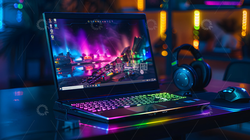 高清大图下载【趣麦麦图】炫彩游戏笔记本电脑和耳机壁纸