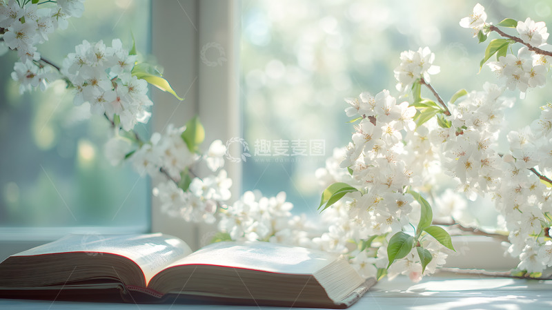 高清大图下载【趣麦麦图】窗台樱花与打开的书壁纸