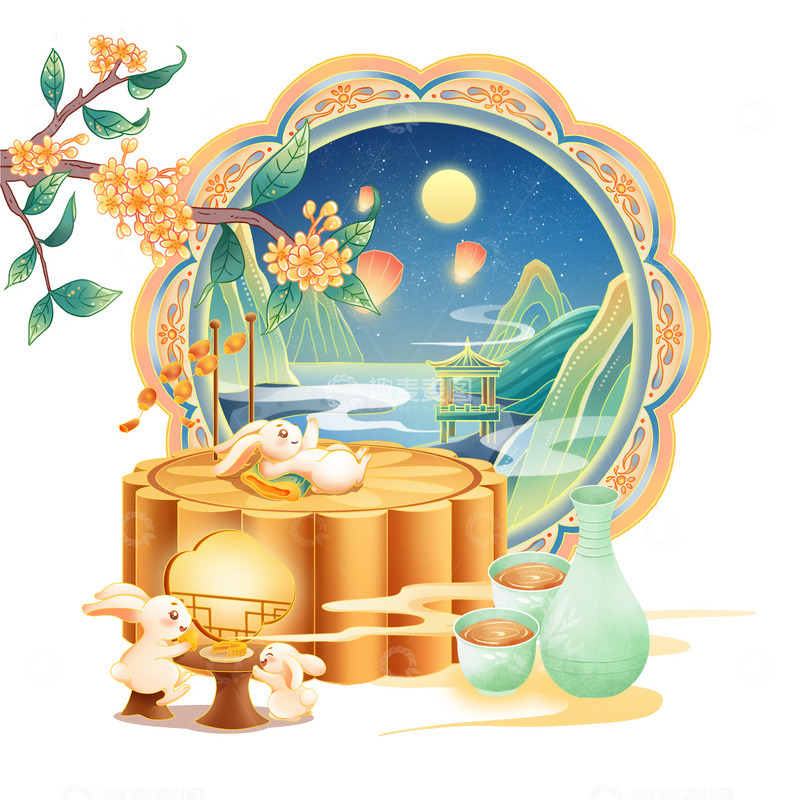 源文件下载【趣麦麦图】中秋兔子吃月饼赏月插画