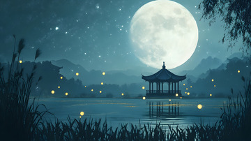 湖中亭台满月夜景壁纸