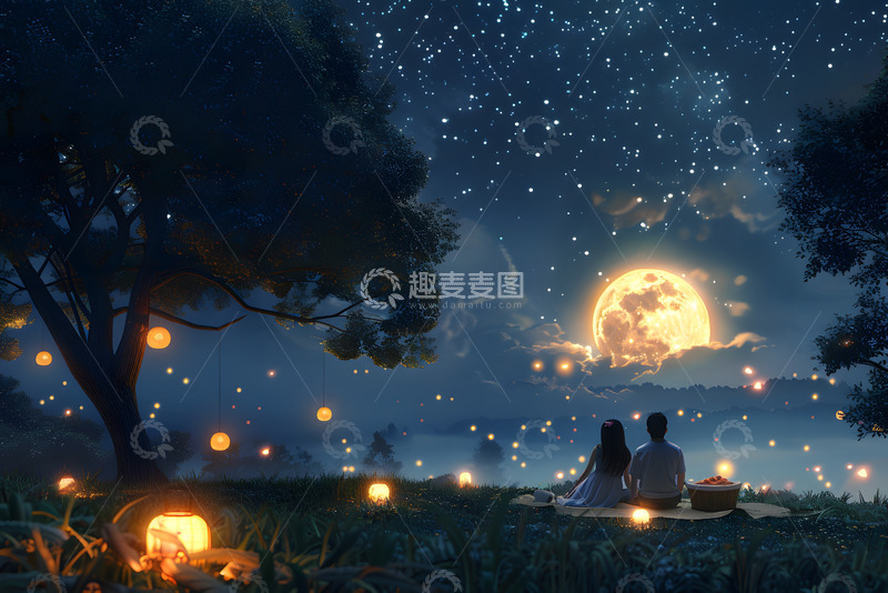 高清大图下载【趣麦麦图】浪漫中秋夜情侣湖边赏月壁纸