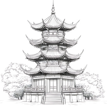 速写白描宝塔建筑