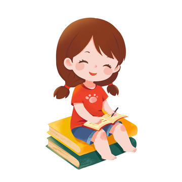 扁平风坐在书上看书的女孩儿童插画素材