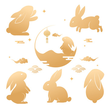 金色中国风中秋节卡通兔子剪影图标元素