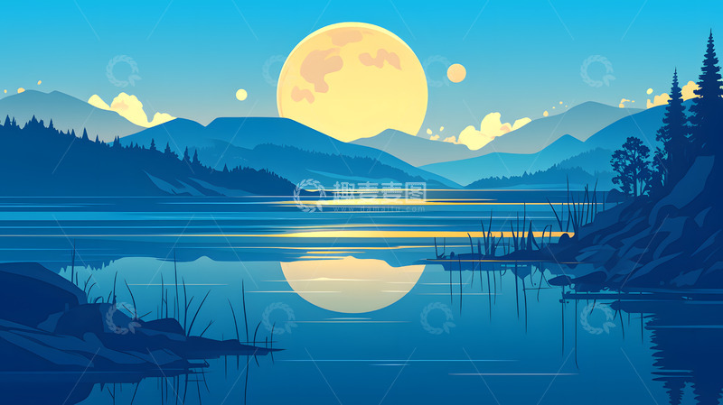 高清大图下载【趣麦麦图】蓝色插画满月湖景壁纸