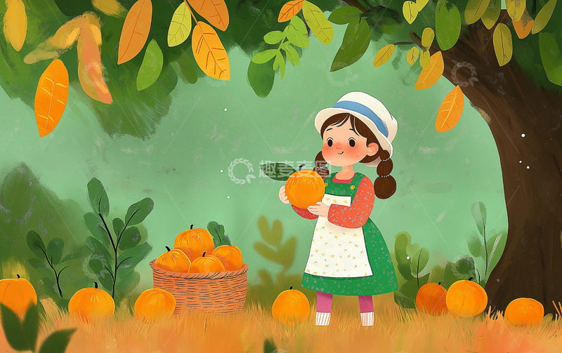 高清大图下载【趣麦麦图】秋季水果丰收场景卡通插画背景