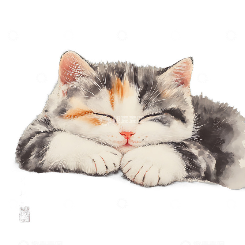 高清大图下载【趣麦麦图】国画小猫睡觉