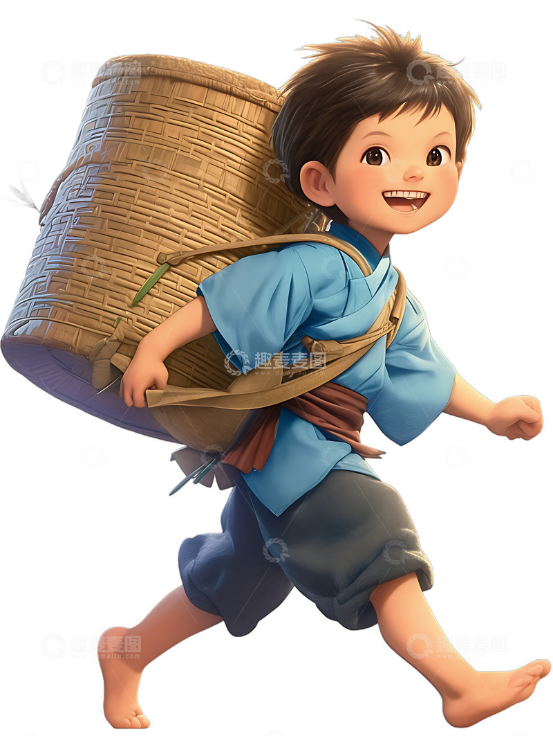 高清大图下载【趣麦麦图】背着竹篓的小男孩