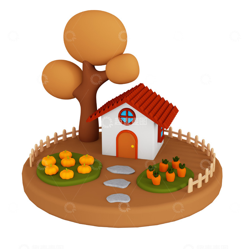 源文件下载【趣麦麦图】3D卡通秋天丰收田园小屋场景