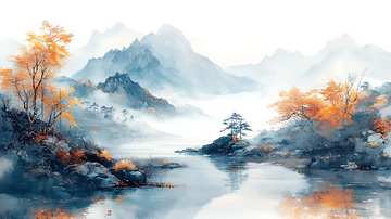 湖泊国画山水画
