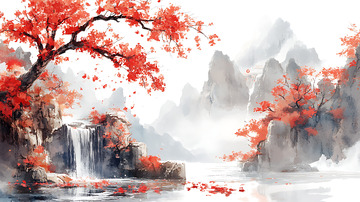 湖泊国画山水画枫叶