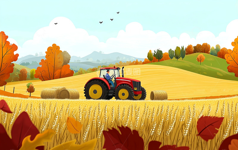 高清大图下载【趣麦麦图】农民收割丰收手绘插画背景