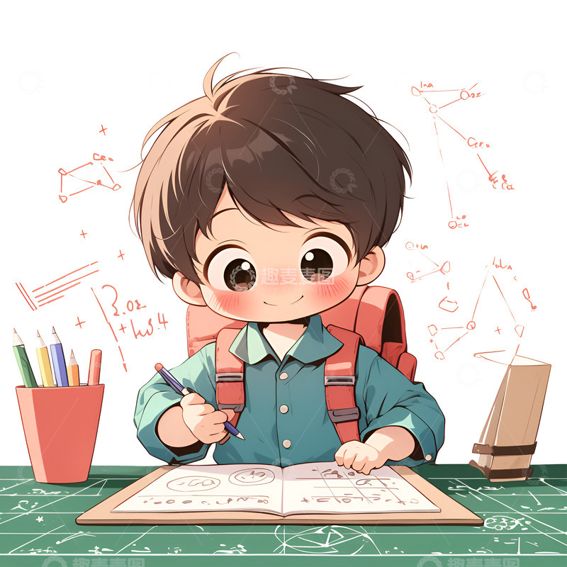 坐在课桌前写作业的小孩