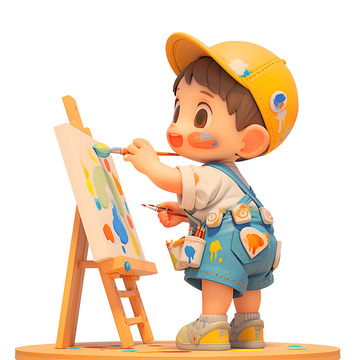 拿着画笔在画板上绘画的小男孩