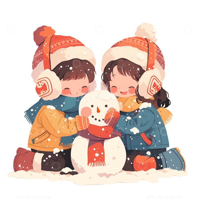 高清大图下载【趣麦麦图】两个小孩在一起堆雪人