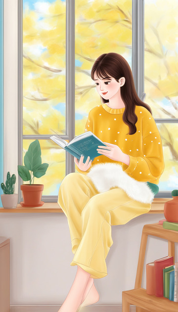 坐在草窗边看书的女孩